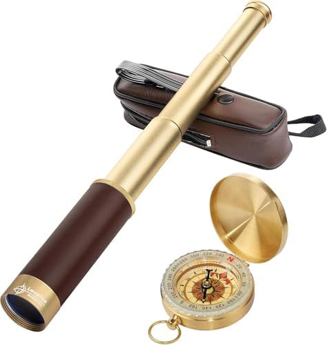 Vintage spyglass telescope and pocket compass set
