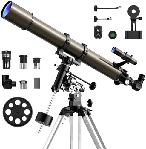 Refractor telescope with 90mm aperture and slow-motion rods