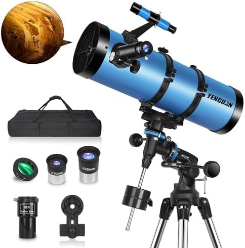 Blue Newtonian reflector with equatorial mount